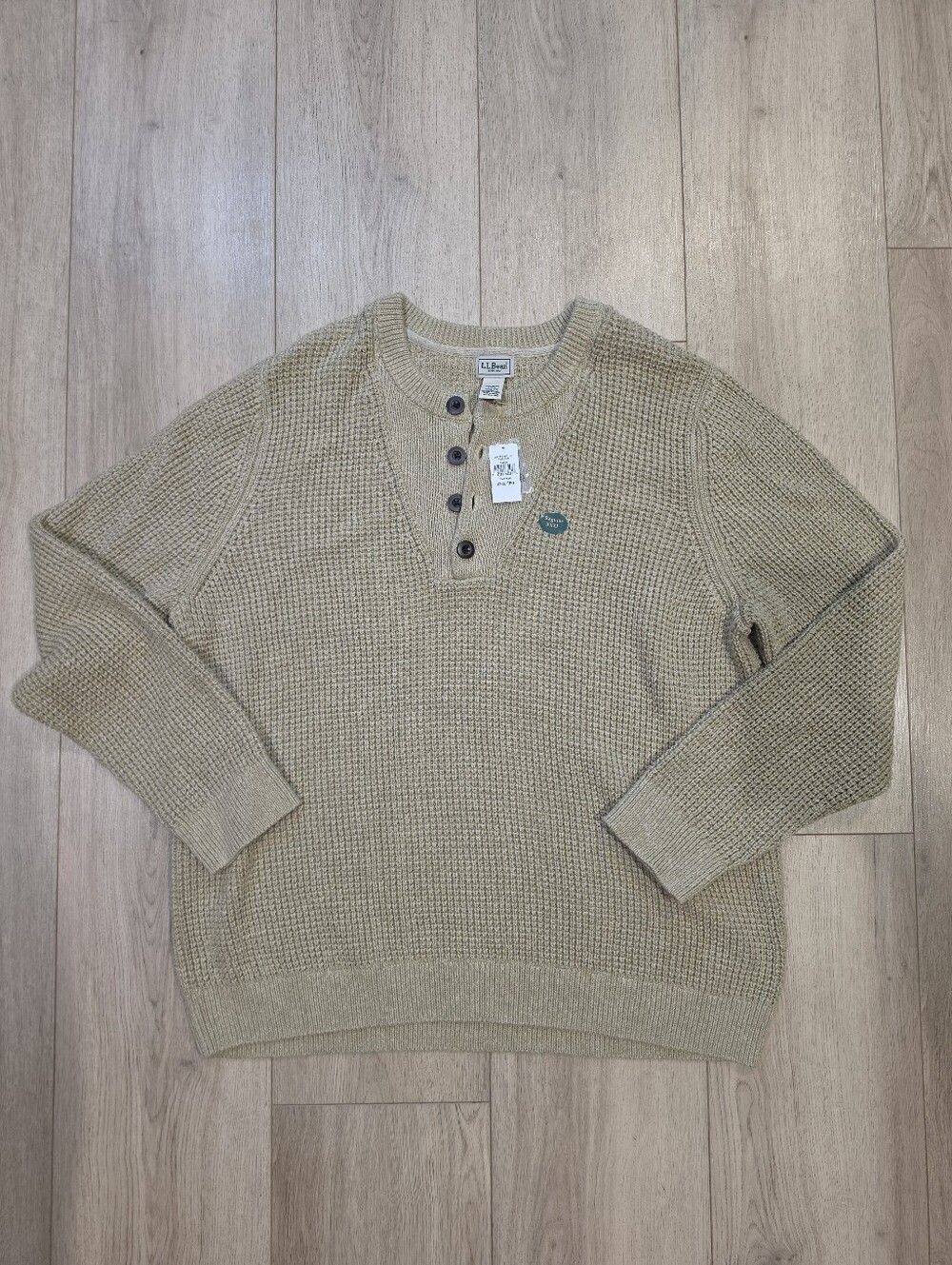 L.L.Bean Men’s Organic Cotton Waffle Henley Sweater Field Khaki XXXL Regular